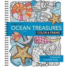 the ocean treasures coloring book is open on top of a blue background with an image of starfishs and seashells