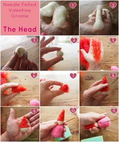 instructions to make needle felt valentine's gnomes for the head and hands with pom - poms