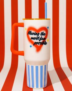 mega stainless steel tumbler with air sprayed 'having the most fun possible' across the front on red and white stripe background Fans Only, Holiday Tumbler, Summer Tumbler, 2024 Wishlist, Dopamine Decor, March 2024, Dream Apartment, Kitchen Inspo, Plastic Straw