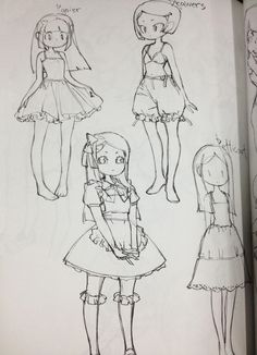 an open book with drawings of girls in different outfits and hair styles, all on one page