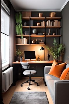 a room with a couch, desk and bookshelf