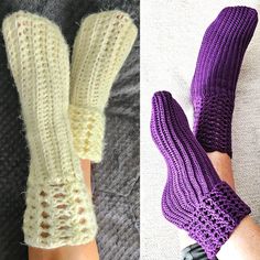 Easy Crochet Cozy Socks, CROCHET PATTERN, PDF FILE ONLY! If you are looking for one skein, one day easy crochet project, this socks crochet pattern or house slippers are for you. They are nice crochet gift idea for your loved one.  You can make this cute socks with size yarn from 2 to 5, use the recommended hook size on the label. You can make this cozy socks for man, woman or child.  If someone like to sleep with wool socks to keep the legs warm, this fuzzy socks are nice slipper socks idea.  You can wear it like leg warmers or boot socks. Difficulty Level : This easy crochet pattern is for beginners or intermediate.  If you want to learn how to make this wool socks, you will need: Materials : YARN size from 2 to 5 - approx. 100 g HOOK - look on the label the recommended hook size for the Socks Crochet Pattern, Socks Crochet, Cream Socks, Fun Slippers, Crochet Stocking, Purple Socks, Crochet Cozy, Socks Pattern, Easy Crochet Projects