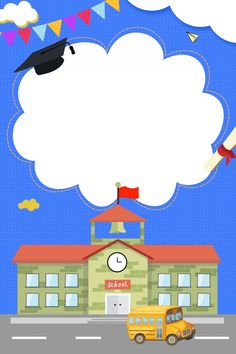 a school building with a clock and graduation cap on it's roof, under a blue sky with white clouds