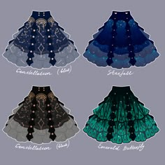 four different skirts with stars on them and the words constellation club written in white letters