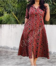 Ajrak Printed Kurti, Ajrak Churidar Designs, Ajrak Design Dress, Cotton Ajrakh Dresses, Ajrakh Dress Designs, Ajrak Frock Designs, Kalamkari Frocks For Women, Plain Frock Designs