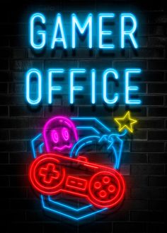 a neon sign that says gamer office with a video game controller in front of it