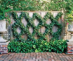 a wooden gate covered in ivy next to brick walkway and garden plants on either side