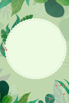 a green background with leaves and a white circle in the middle on top of it