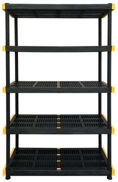 four tier shelving unit with yellow handles and black plastic trays on each shelf