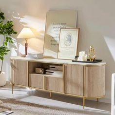 a living room with a couch, table and potted plant on the sideboard