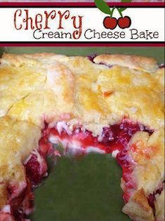 a close up of a pie on a plate with the words cherry cream cheese bake