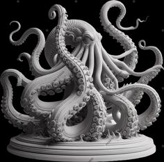 an octopus sculpture sitting on top of a white pedestal in front of a black background