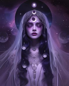 a woman with long hair wearing a veil and moon necklaces in front of her face