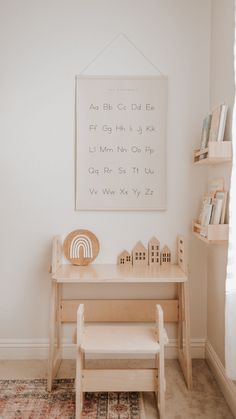 A small wooden kids desk and kids desk chair set up as a kids desk area in a bedroom. Wooden Desk Diy, Desk Ideas For Kids, Kids Desk Area In Bedroom, Desk Area In Bedroom, Kids Wooden Desk, Kids Desk Space, At Home Desk, Kids Desk Area, Wfh Desk