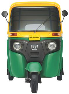 the front end of a green and yellow three wheeled vehicle