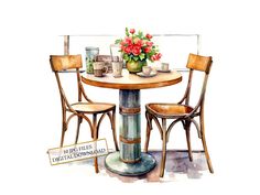 a watercolor painting of a table and chairs