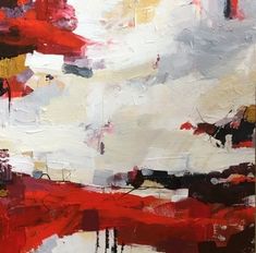 an abstract painting with red, yellow and white colors