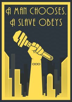 a poster with a hand holding a microphone in front of a cityscape and the words, man chooses as slave obeys