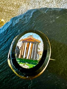 "Victorian Italian brooch Micro Mosaic of the Parthenon in a brass custom setting for the Grand Tour,  Condition there is wear to this well loved work of Art but no missing mosaic-wear commensurate with age-the photos show the details.  Size approx. 1\" by 3/4\", wt.- 8 grams. the finback was replace during the Victorian Era." The Grand Tour, The Parthenon, The Victorian Era, Micro Mosaic, Vintage Keys, Grand Tour, Victorian Era, Mosaic Glass, Maple Leaf