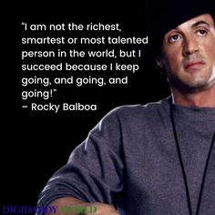 a man wearing a black hat and grey shirt with a quote from rocky balboa