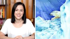 a woman sitting in front of a book shelf next to an illustration of a polar bear