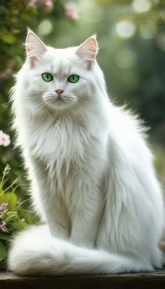 a white cat sitting on top of a wooden table next to flowers and bushes with green eyes