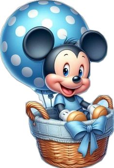 a cartoon mickey mouse in a basket with a blue balloon