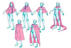 an animation character's body is shown in various poses and colors, including pink