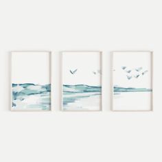 three framed art pieces hanging on a wall next to each other with seagulls flying over the water