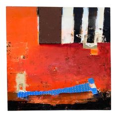 an abstract painting with orange, brown and blue colors