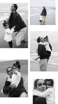 black and white photos of people on the beach with one woman holding a child, another man