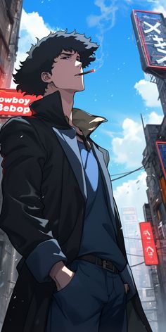 an anime character standing in the middle of a city