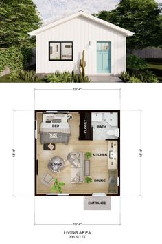 the floor plan for a tiny house with lofts and living areas, including an attached bedroom