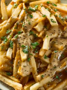 french fries covered in gravy and garnished with parmesan cheese