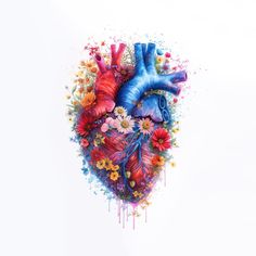 a painting of a human heart surrounded by flowers