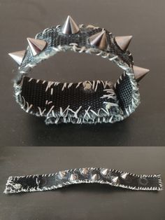 two different views of a bracelet with spikes on it