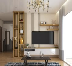 a living room filled with furniture and a flat screen tv mounted on a wall next to a wooden shelf