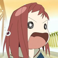 an anime character with red hair and big eyes looking at something in front of her