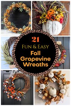 Collage of 6 of 21 fall grapevine wreaths. Grape Vine Wreaths Fall, Grape Vine Wreath Fall, Fall Boxwood Wreath Ideas, Vine Wreath Ideas, Fall Grapevine Wreath Ideas, Diwali Wreath, Grapevine Crafts, Grapevine Wreath Ideas, Diy Fall Wreaths