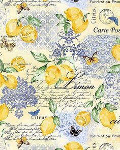 a yellow and blue background with lemons, butterflies, and flowers on it's side