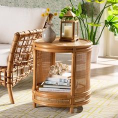 a wicker side table with books on it