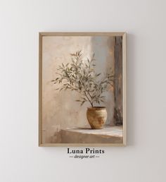 a painting of a potted plant on a window sill with the words luna prints below it