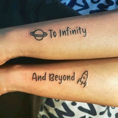 two people with tattoos on their arms that say to infinitity and beyond