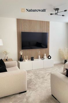 a living room with two couches and a flat screen tv mounted on the wall