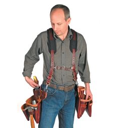 By distributing weight over the shoulders, these suspension systems allow a loaded tool belt to be carried with relative ease. The Stronghold system has a comfortable contoured yoke with a padded moisture-wicking absorbent liner and length-adjustable leather cross straps. A set of four leather straps with D-ring loop attachments is included for quick connection to any tool belt up to 3" wide. The adjustable chest strap has a metal clip for quick-release. A heavy-duty D-ring on the yoke allows ha Occidental Leather, Leather Tool Belt, Tool Belts, Leather Suspenders, Tool Pouch, New Catalogue, Tool Belt, Le Port, Tool Bag