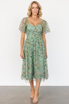 Gwyneth Tulle Midi Dress | Eucalyptus Floral Floral Plus Size Dresses, Eucalyptus Green, Tulle Midi Dress, Tulle Material, Tulle Maxi Dress, Baltic Born, Light Blue Dresses, Soft Rose, Embroidered Tulle