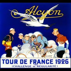 an advertisement for the tour de france, featuring men on bicycles and a stork