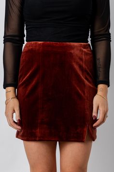 Velvet mini skirt amber rust | Lush Fashion Lounge: boutique fashion skirts, affordable boutique skirts, cute affordable skirts Maroon Velvet Skirt Outfit, Stretch Mini Length Skort For Fall, Fall Party Mini Pencil Skirt, Stretch Mini Skirt With Lining For Fall, Stretch Lined Mini Skirt For Fall, Date Night Lined Mini Skirt, Fall Pencil Skirt For Night Out, Stretch Skirt For Date Night In Fall, Fall Party Pencil Skirt