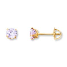 A round light purple cubic zirconia shines in each of these children's stud earrings, styled in 14K yellow gold. Perfect for a June birthday, the earrings secure with screw backs. Cute Small Earrings, Kid Earrings, Gold Stock, Jewelry Education, Jewelry Advice, June Birthday, February Birthday, Round Light, Earrings Purple