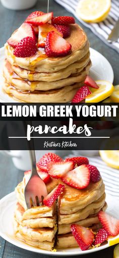 lemon greek yogurt pancakes with sliced strawberries on top and the title overlay reads, lemon greek yogurt pancakes